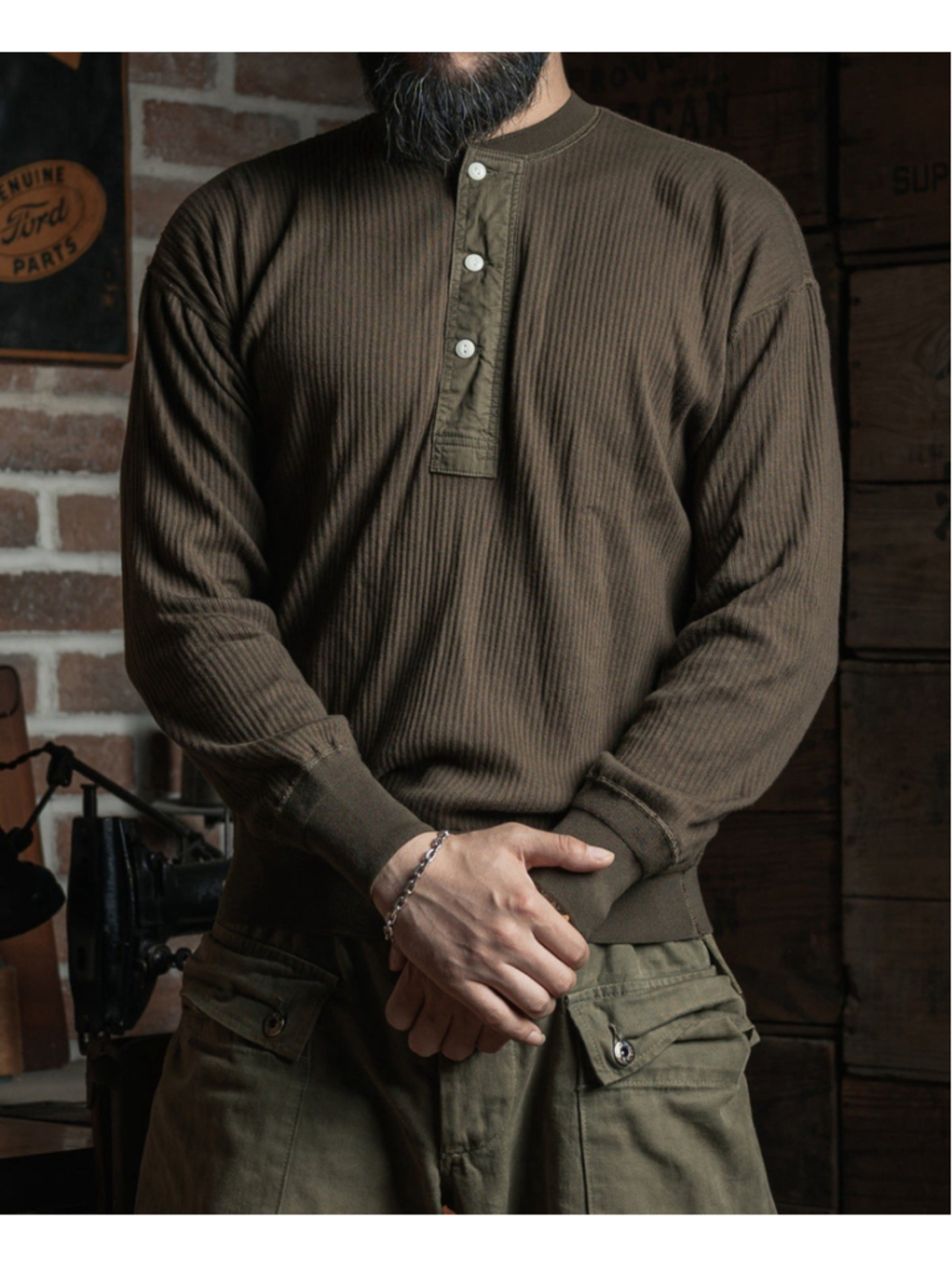 Ribbed Long Sleeve Henley T-Shirt - Olive Brown Sz 40.